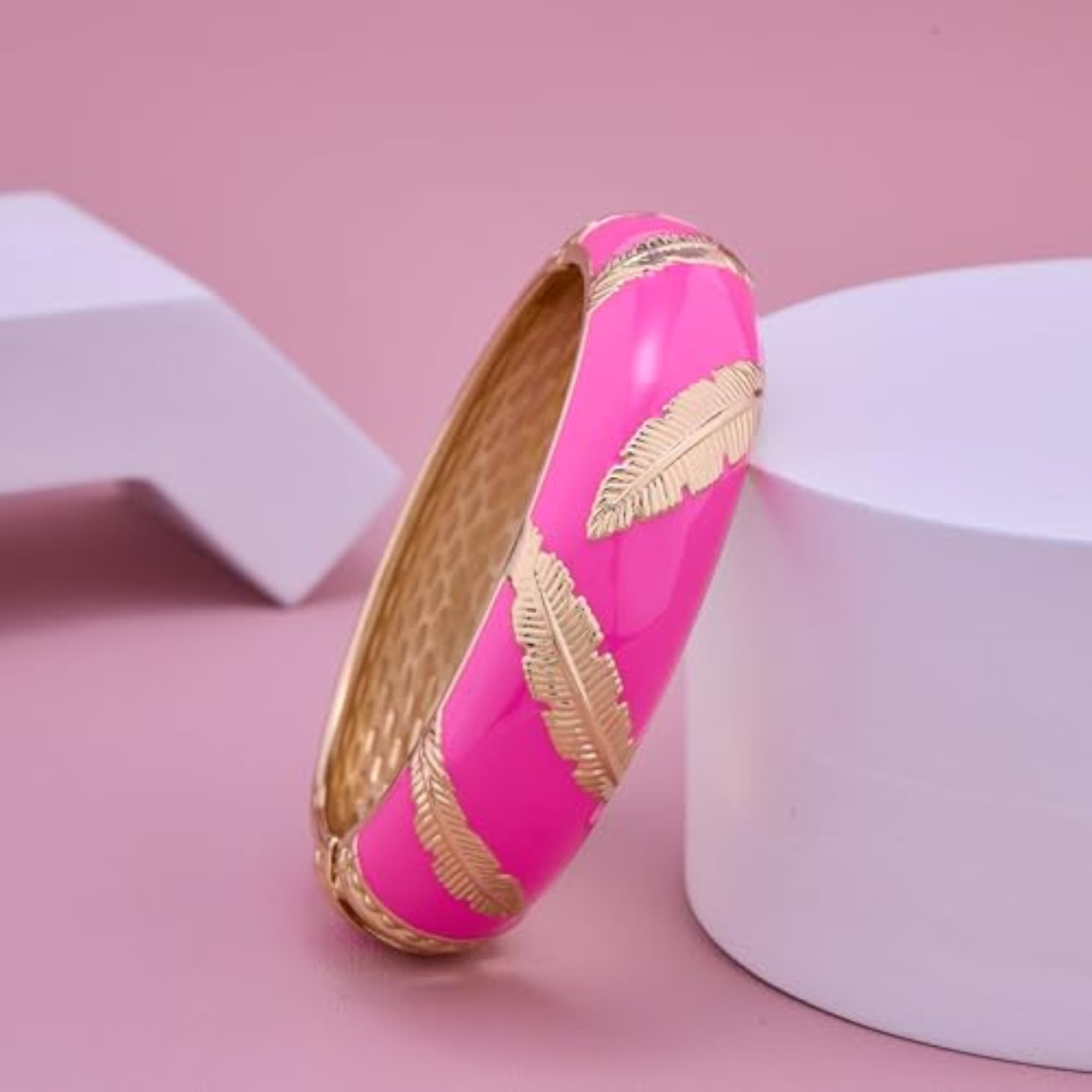 Women's Enamel Golden Bracelet with Engraved Feather Motifs
